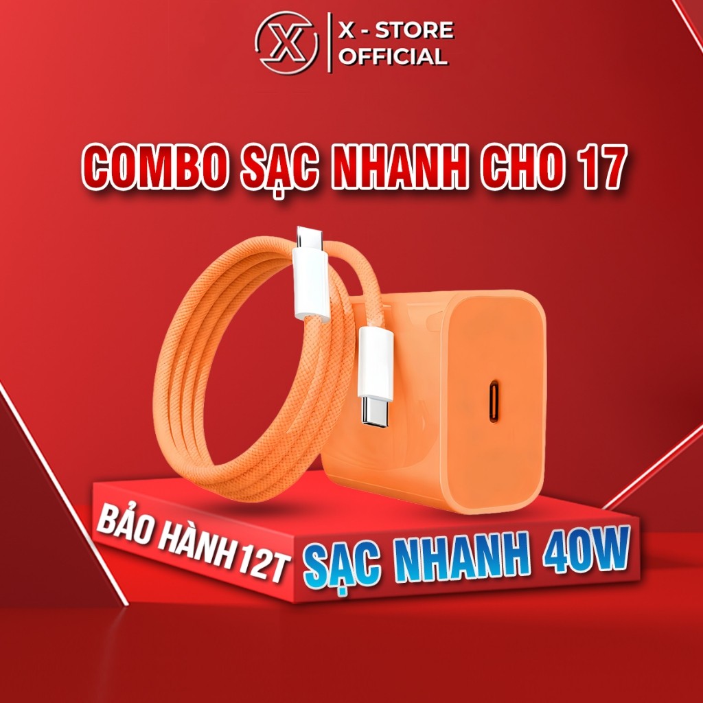 Combo sạc nhanh 40W chân dẹt màu cam, Cáp sạc nhanh PD 40W, Bộ sạc nhanh 40W màu cam sành điệu, CB-C