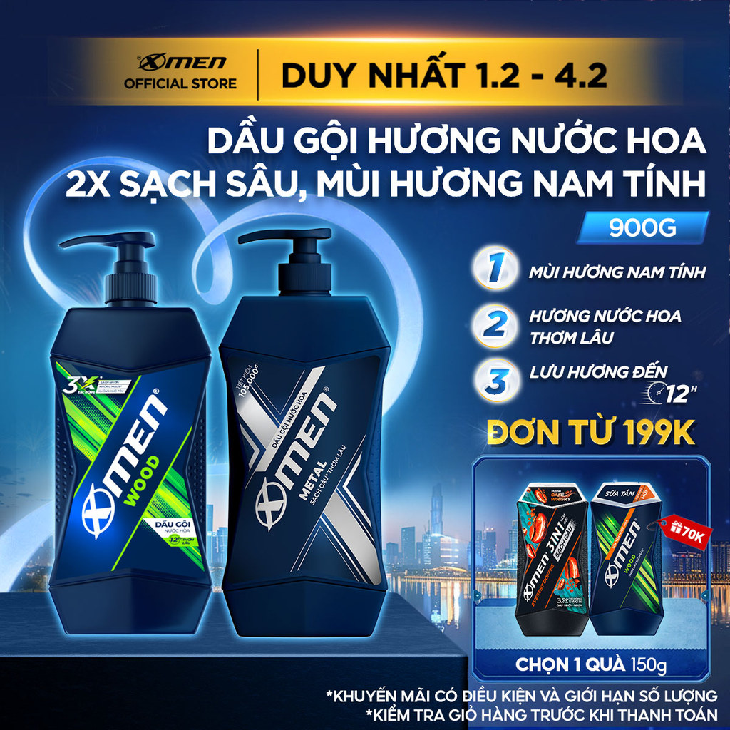 [Dung Tích Lớn] Dầu Gội Nam Xmen 900g Wood/Fire/Metal - Dung Tích Lớn, Mùi Hương Nam Tính 2X Sạch Sâ