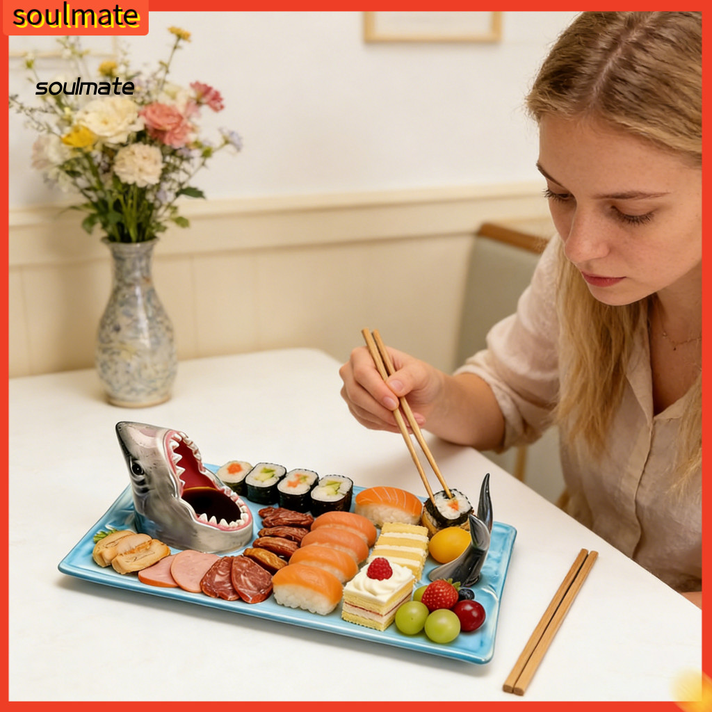 Linh hồn| Đĩa ăn bằng gốm Thiết kế cá mập Đĩa gốm sứ thủ công Đĩa sushi cá mập gốm sứ Bộ đĩa sushi k