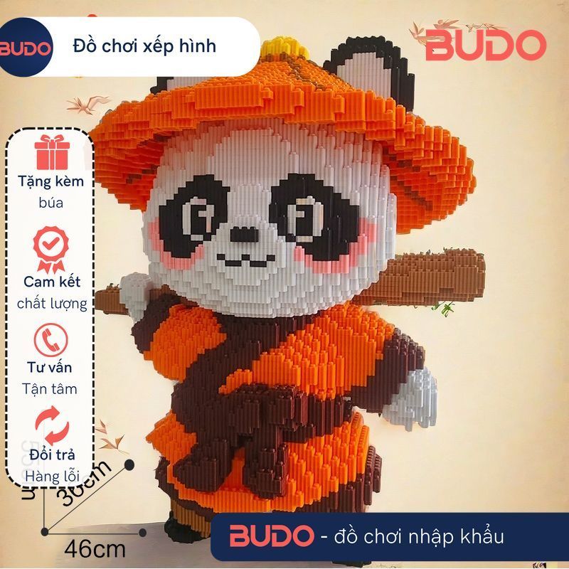 Đồ chơi xếp hình gấu trúc đội nón lá cam cầm gậy 55cm kungfu panda đồ chơi lắp ráp nano 3d magic blo