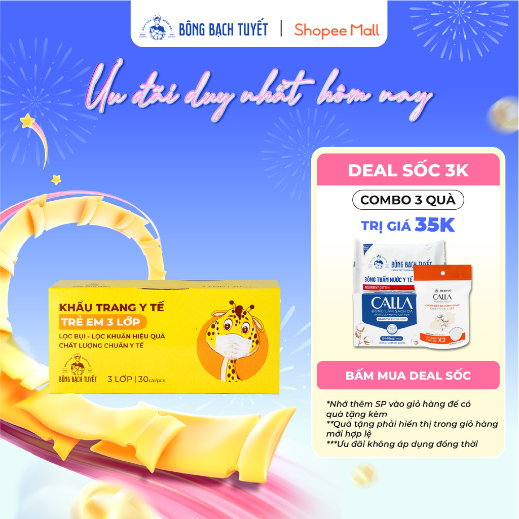 Khẩu trang Bông Bạch Tuyết Trẻ Em 3 lớp (30 cái/hộp) (Trắng)