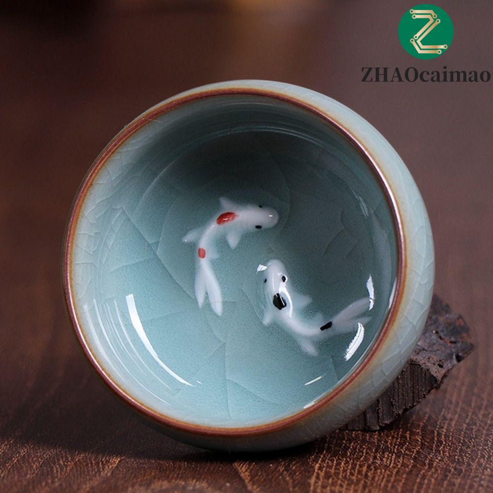 ZHAOcaimao ZHAOCAIMAO Long Tuyền Trà Bát, 60ml Kungfu Golden Fish Celadon Sứ Teacups, Crackle Tea Cu