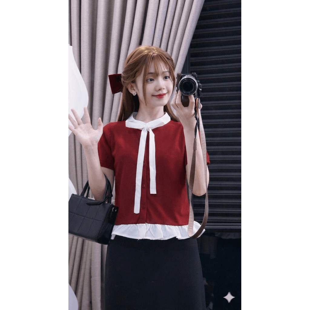 MS056 Áo sơ mi nữ cộc tay gấu bèo xinh xắn, chất liệu cotton tổ ong thoáng mát | BigBuy360 - bigbuy360.vn