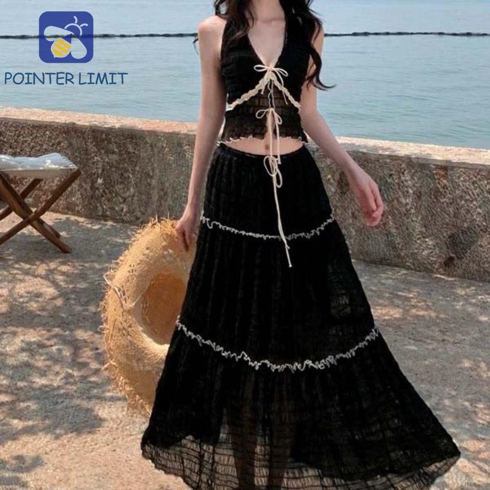 POINTER LIMIT Halter Bộ Váy Bơi, Bikini Đi Biển Quần Áo Váy Dài Bộ Đồ Tắm, Bộ Đồ Bơi Xù Rời Ba Mảnh 