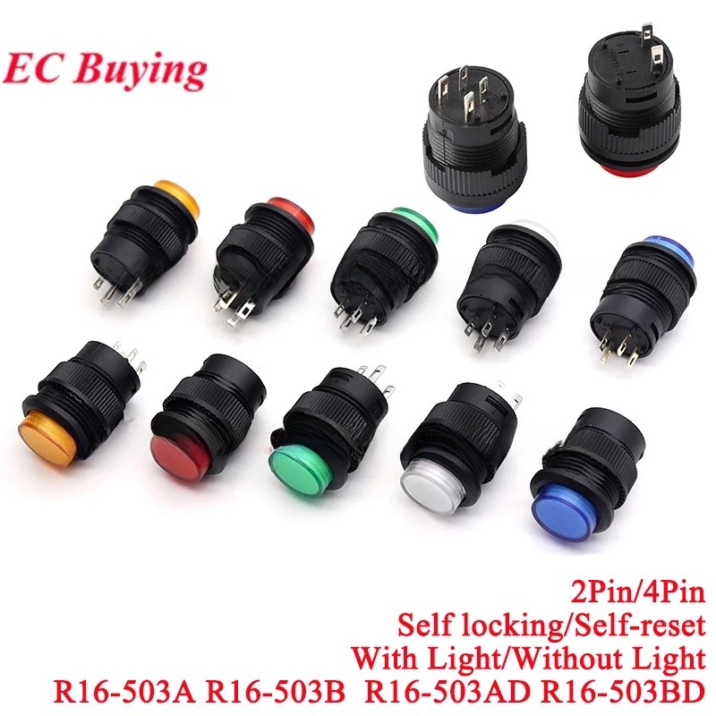 Nút Công Tắc Nguồn R16 R16-503 Xanh Vàng Trắng LED R16-503B R16-503A Nút Đặt Lại Chốt 2P 4P Tự Khóa 