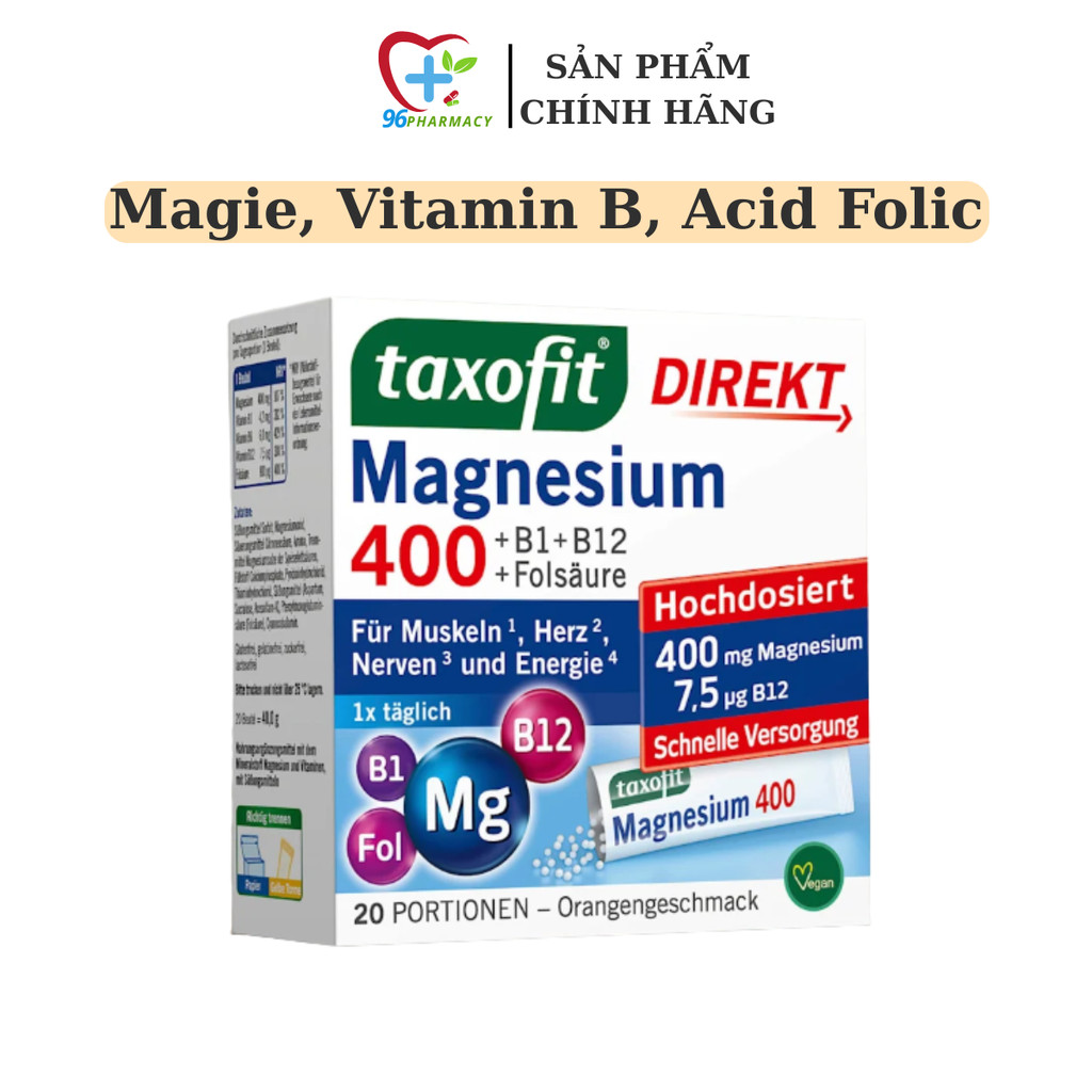 Taxofit Magnesium 400 + B1 + B12, acid folic, hộp 20 gói dạng bột