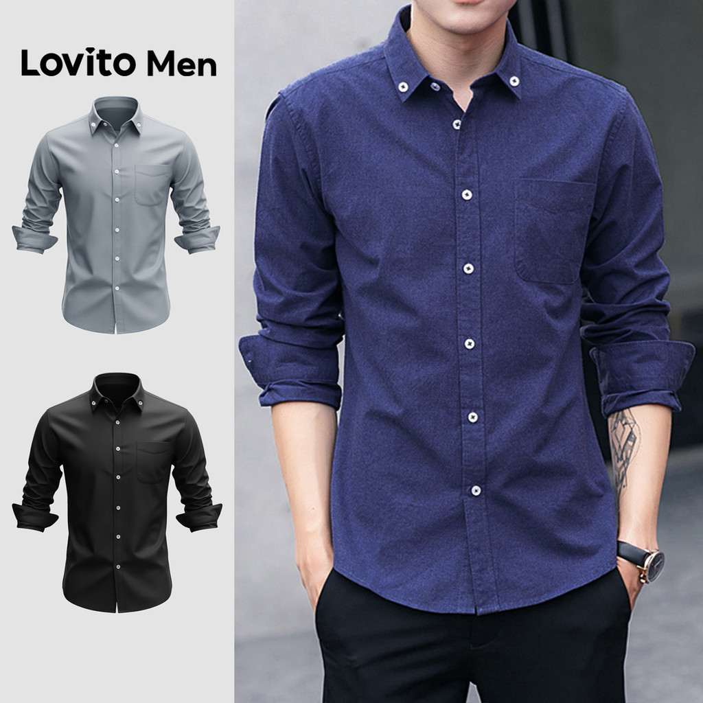 Lovito Men  Áo sơ mi nam màu xanh hải quân áo sơ mi thường ngày áo sơ mi cài nút. LNE138077
