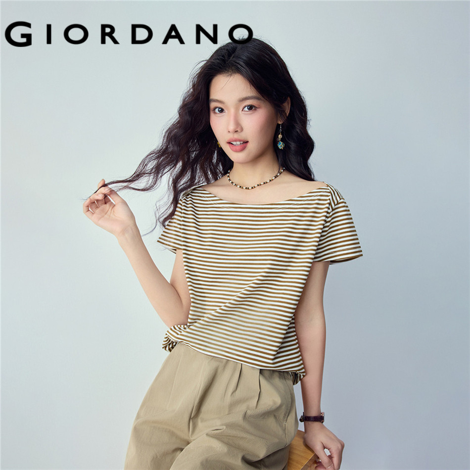 GIORDANO WOMEN 100% Cotton striped boat neck short sleeve tee 13326235