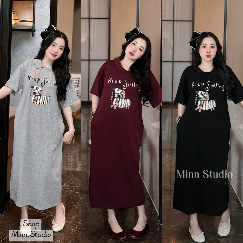 @Minn-Váy Suông Cotton Cổ Sen In Hoạ Tiết Kepp Smiling. Váy Thun Mềm,Mát,Co Dãn (Hàng Chuẩn Mẫu)