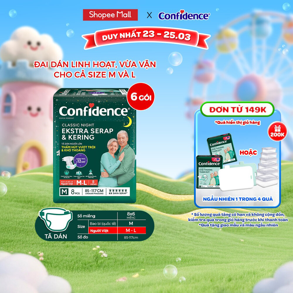 Combo 6 Tã dán ngưới lớn Confidence Thấm Hút Vượt Trội & Khô Thoáng M-L 8M/L-XL 7M