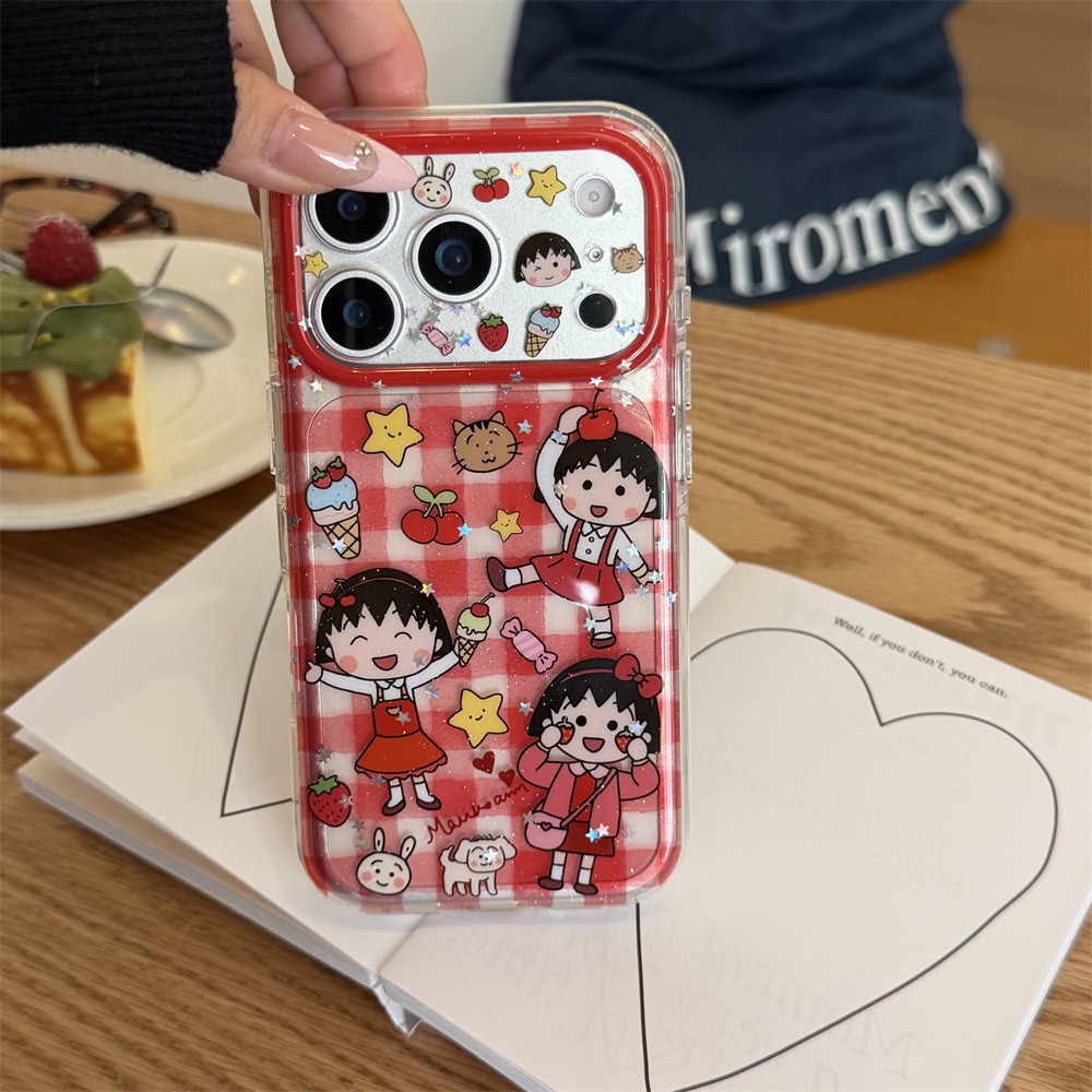 Cao cấp và bán trong suốt màu đỏ ca rô Hoạt hình dễ thương phù hợp cho iPhone 15 nữ 17Pro cá tính 17