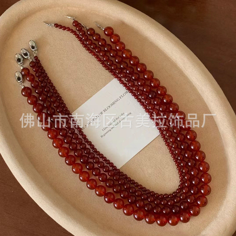 Spot Goods#Natural Red Agate Beaded Necklace, Vintage Chinese Style Coin Clasp Clavicle Chain, Black