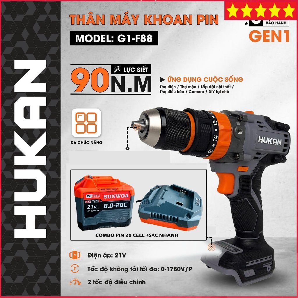 Máy Khoan Pin HUKAN G1-F88, Lực siết 90NM, Đầu Autolock 13MM, Chân pin phổ thông, Chính hãng