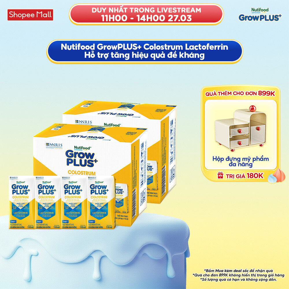 Combo 2 Thùng 24 hộp Sữa bột pha sẵn Nutifood Sweden GrowPLUS+ Colostrum Lactoferrin 110ml