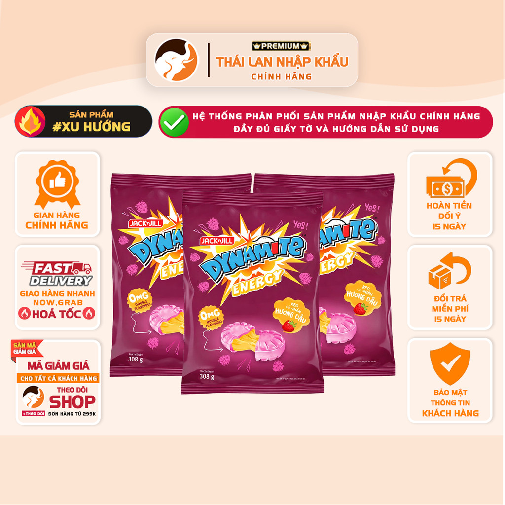 [MẪU MỚI] Kẹo Tăng Lực Dynamite Energy Nhân Dâu (Gói 308g) – Vị Dâu Ngọt Dịu, Nhân Trái Cây Bùng Nổ