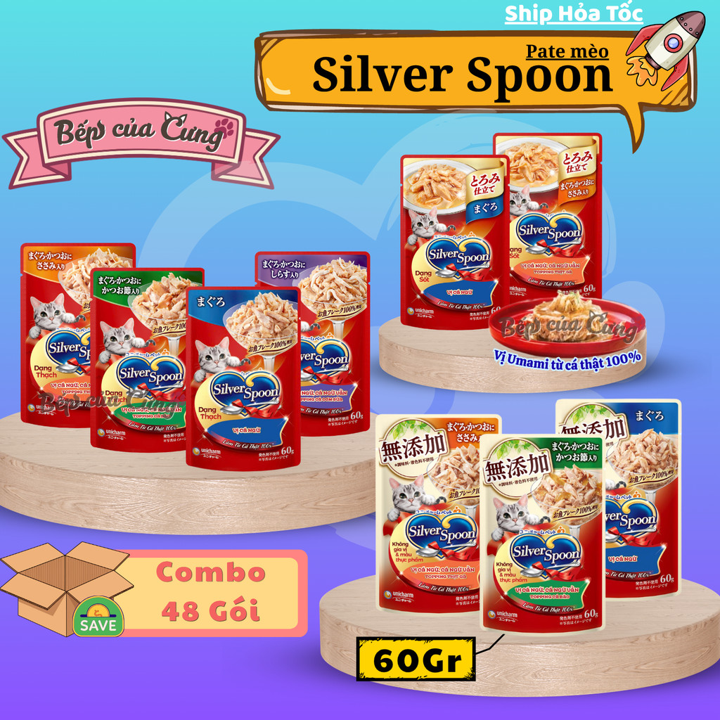 [ Combo 48 Gói ] Pate Silver Spoon Thức ăn ướt cho mèo Silver Spoon đủ vị 60g/gói