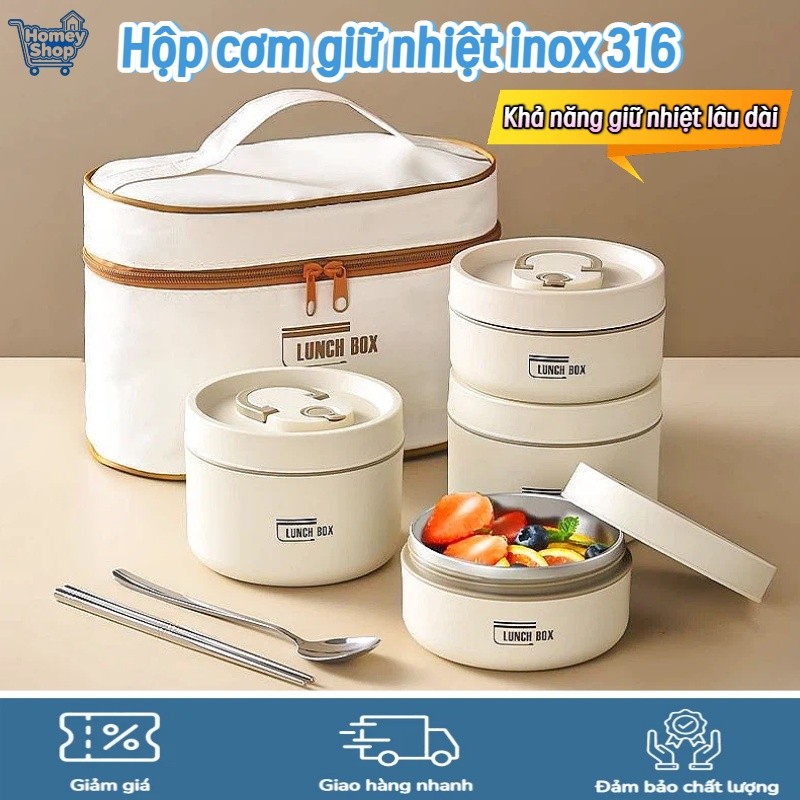 HomeyShop-Hộp cơm giữ nhiệt inox 316,Được trang bị túi giữ nhiệt chống rò rỉ,phù hợp văn phòng và tr