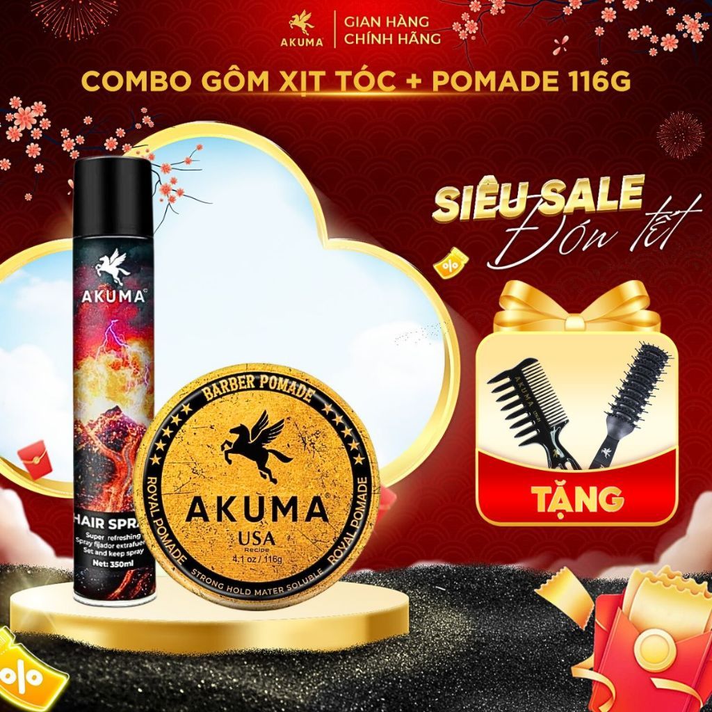 Combo Sáp Vuốt Tóc, Gôm Xịt Tóc, Xịt Tạo Phồng Tóc AKUMA Dầu Gội Nam AKUMA Hương Nước Hoa Nam Tính