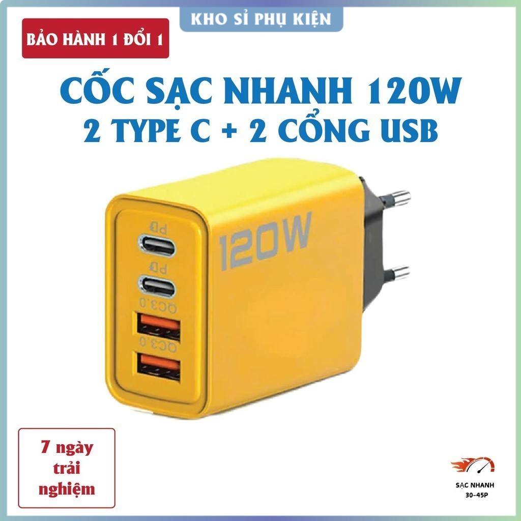 Bộ sạc 120W 4 cổng gồm: 2 cổng Type C + 2 cổng USB – Cốc sạc nhanh 4 đầu, Củ sạc 120W, Củ sạc 120W .
