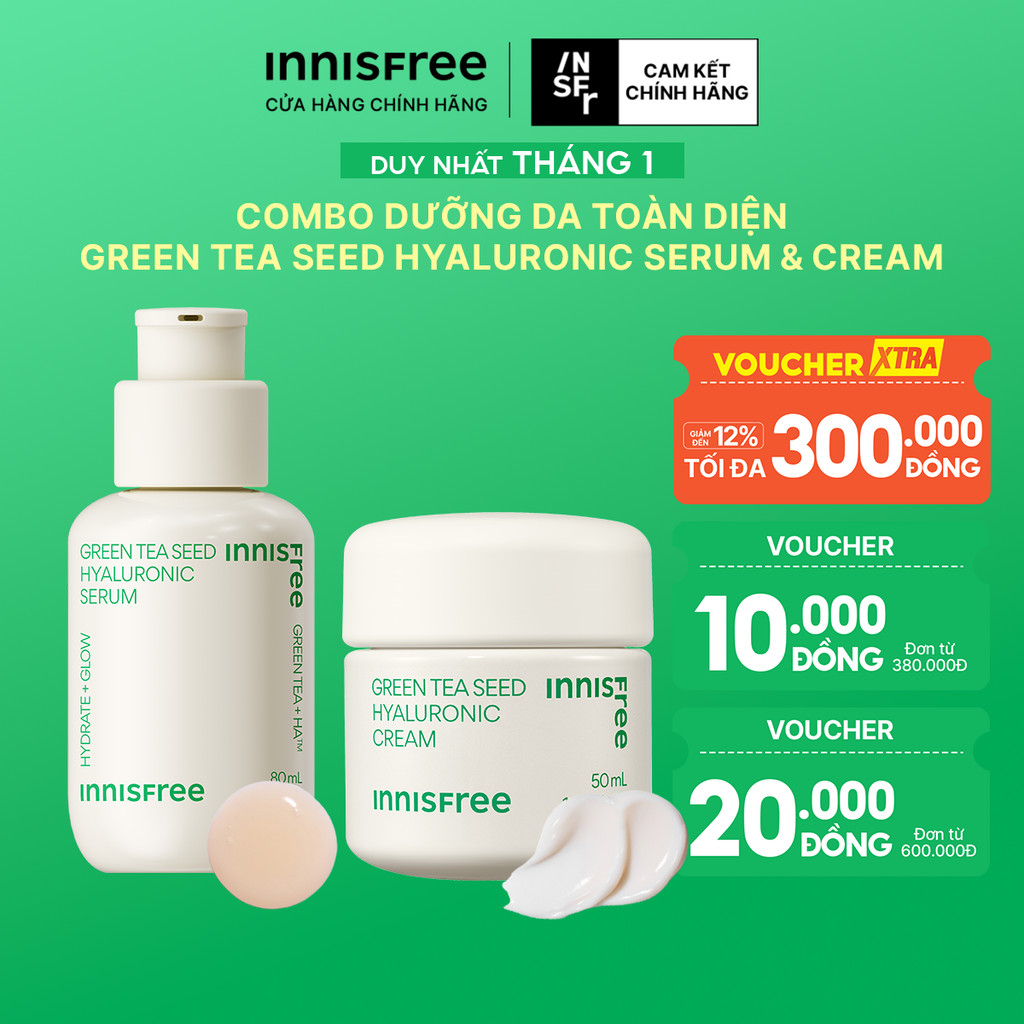 Bộ Tinh chất dưỡng ẩm Trà Xanh Green Tea Seed Serum 80mL và Kem dưỡng ẩm trà xanh INNISFREE Green Tea Seed Cream 50ml