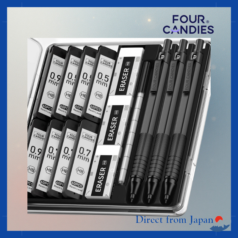 Four Candies Metal Mechanical Pencil Set (Black), 0.5/0.7/0.9mm, 480 HB Leads, Professional Drafting