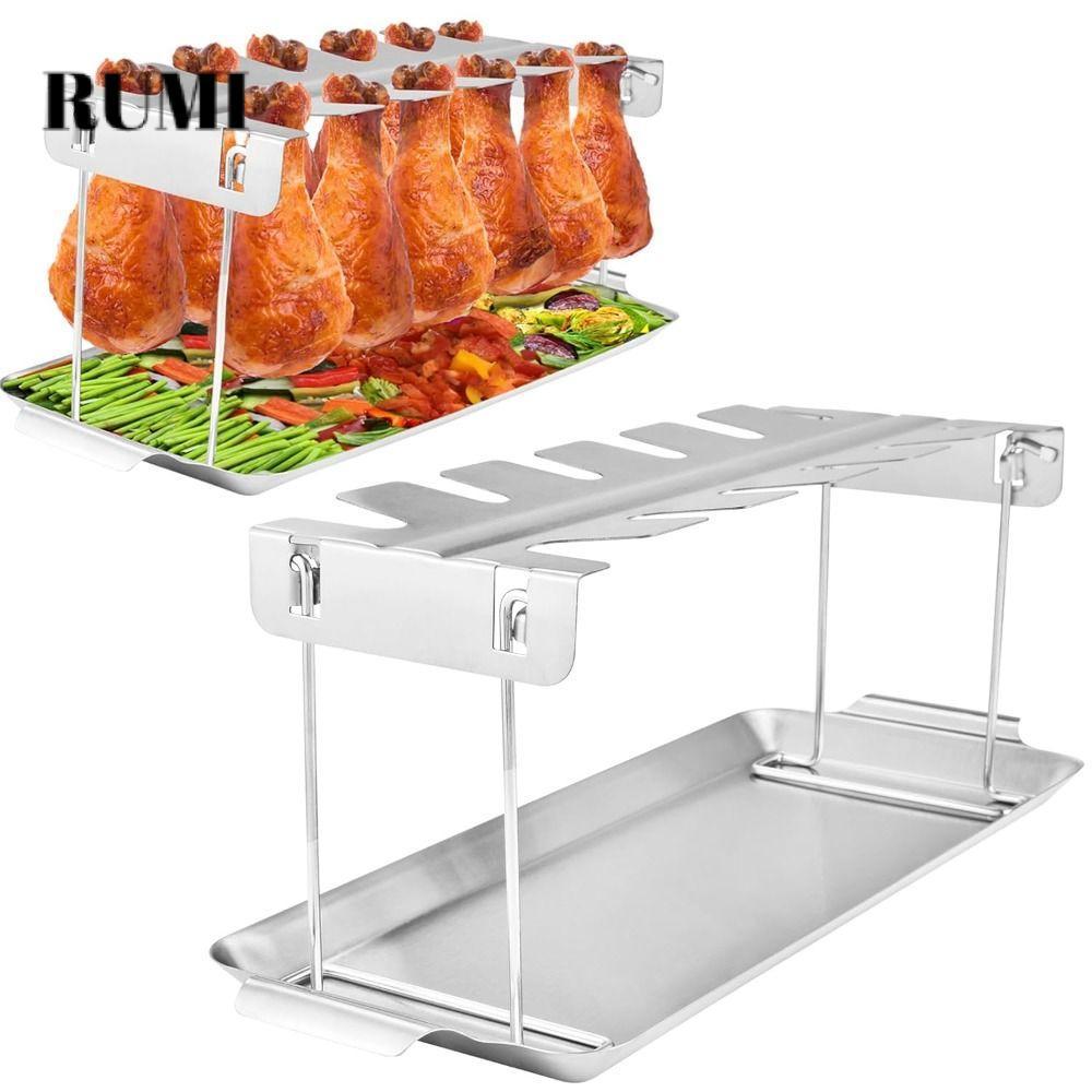 RUMI‌ Giá Để Chân Gà, 12 Khe Có Khay Nhỏ Giọt Gà Trống Giá Đỡ, Gấp Thép Không Gỉ Chống Dính Chân Gà 