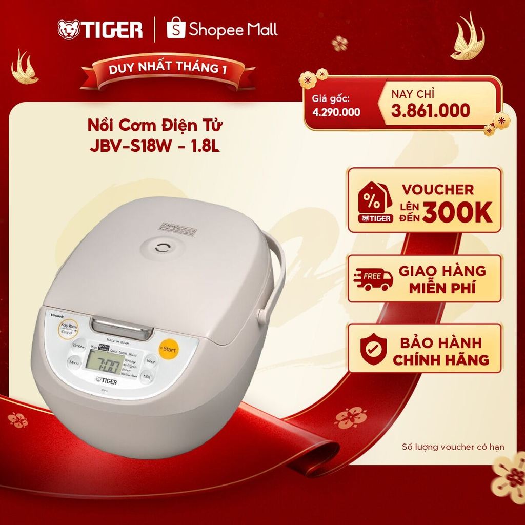 Nồi Cơm Điện Tử Tiger JBV-S18W - 1.8L - Hàng Chính Hãng