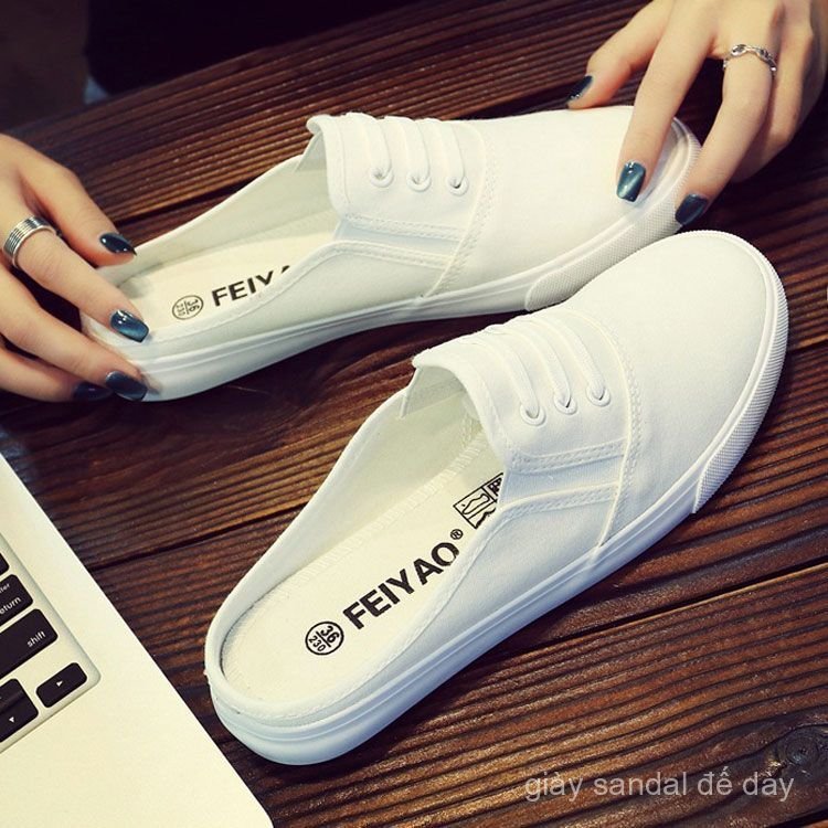 Feiyao Giày Vải Gót Nửa Dép Lười Giày Slip-On Phong Cách Cặp Đôi Size Lớn Giày Nữ Giày Trắng Giày Th