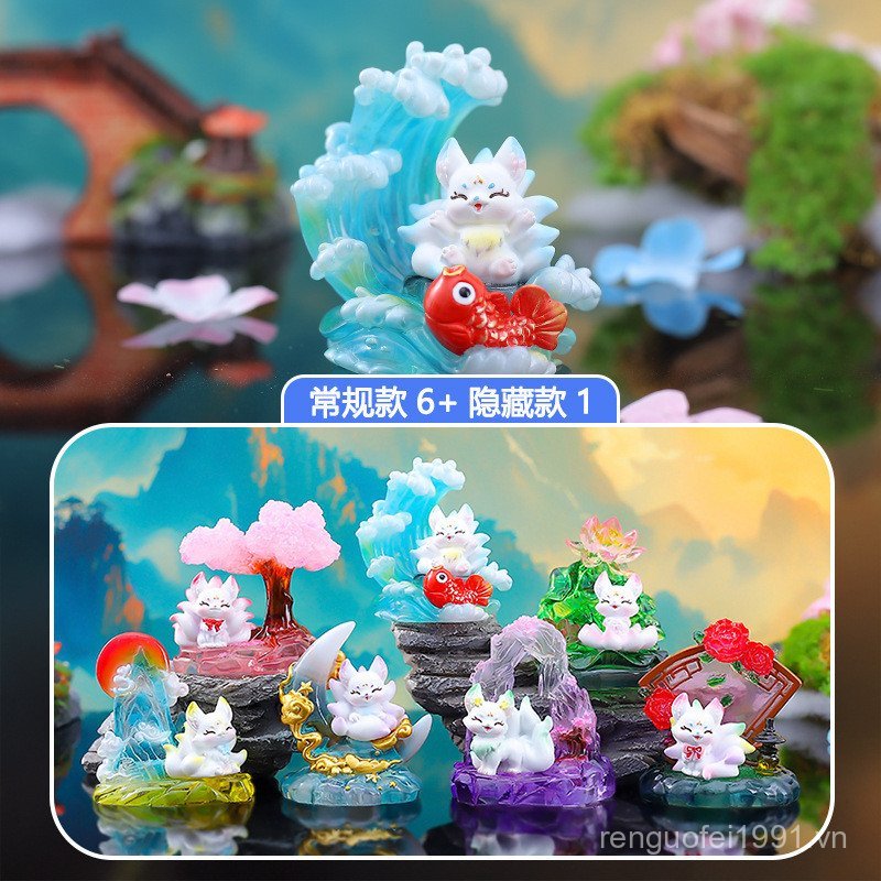 Chinese Style Nine-Tailed Fox with Light Blind Box Figurine National Trend Ancient Style Ornament Re