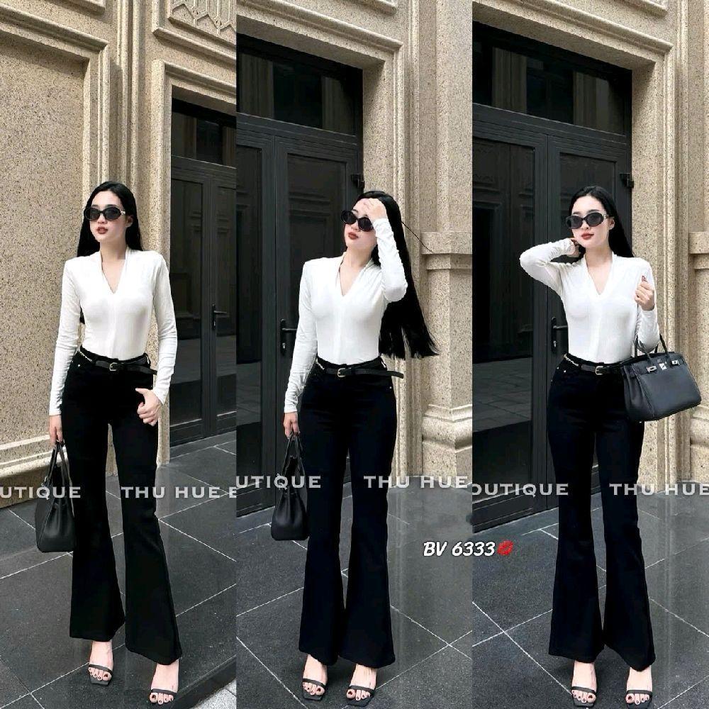 Quần bò nữ dáng ôm ống loe cắt gấu dài 95cm co giãn