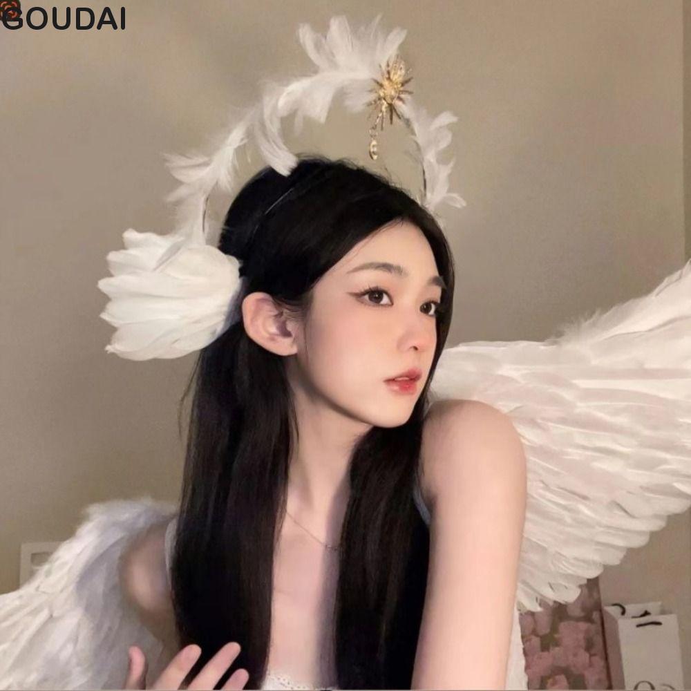 GOUDAI Virgin Mary Queen Tiara, Handmade Glory Shape Feather Glory Crown Headband, Trang Trí Tóc Hai