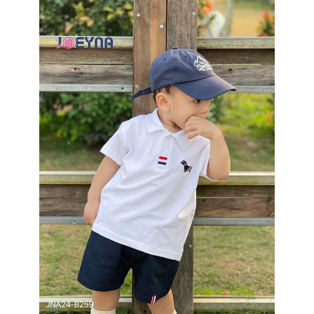 Sset bé trai JOEYNA áo polo trắng thêu chó + quần sooc kaki (62026)
