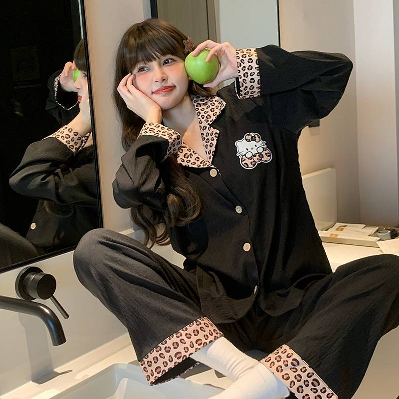 Spring and Autumn New Leopard Print Hello Kitty Pajamas Women's Two-Piece Set Can Be Worn outside Th