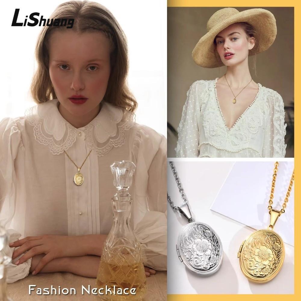 LISHUANG Photo Locket, Vòng cổ locket ảnh hợp kim với thiết kế mở hình bầu dục và chạm khắc hoa đẹp 