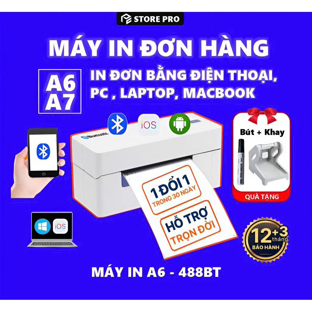 Máy in nhiệt Bluetooth 488BT khổ A6 A7 Dùng Điện Thoại, Máy tính. In đơn các sàn TMĐT, Mã vận đơn, T