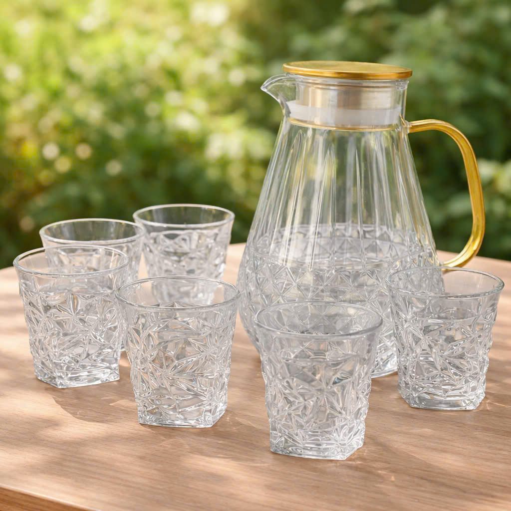 BỘ BÌNH 6 CỐC THUỶ TINH ÁNH TRAI CHỊU NHIỆT BOROSILICATE | BỘ CỐC BÌNH THUỶ  PHA LÊ