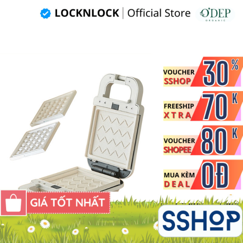 Máy kẹp nướng bánh LocknLock 600W, Hàng chính hãng, phủ men sứ Bianco Sandwich Maker Màu ngà EJB126I