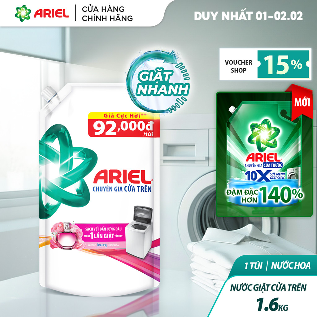 [Ariel x Võ Hà Linh] Nước Giặt Cửa Trên  ARIEL Hương Nước Hoa 1.6KG/ Nước giặt 10X giặt sạch túi 1.4