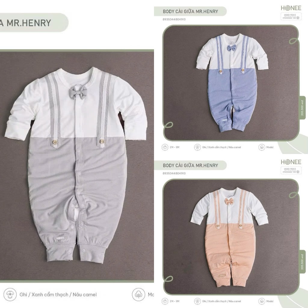 Body sơ sinh cài giữa Mr Henry HONEE phong cách quý tử cotton thoáng mát