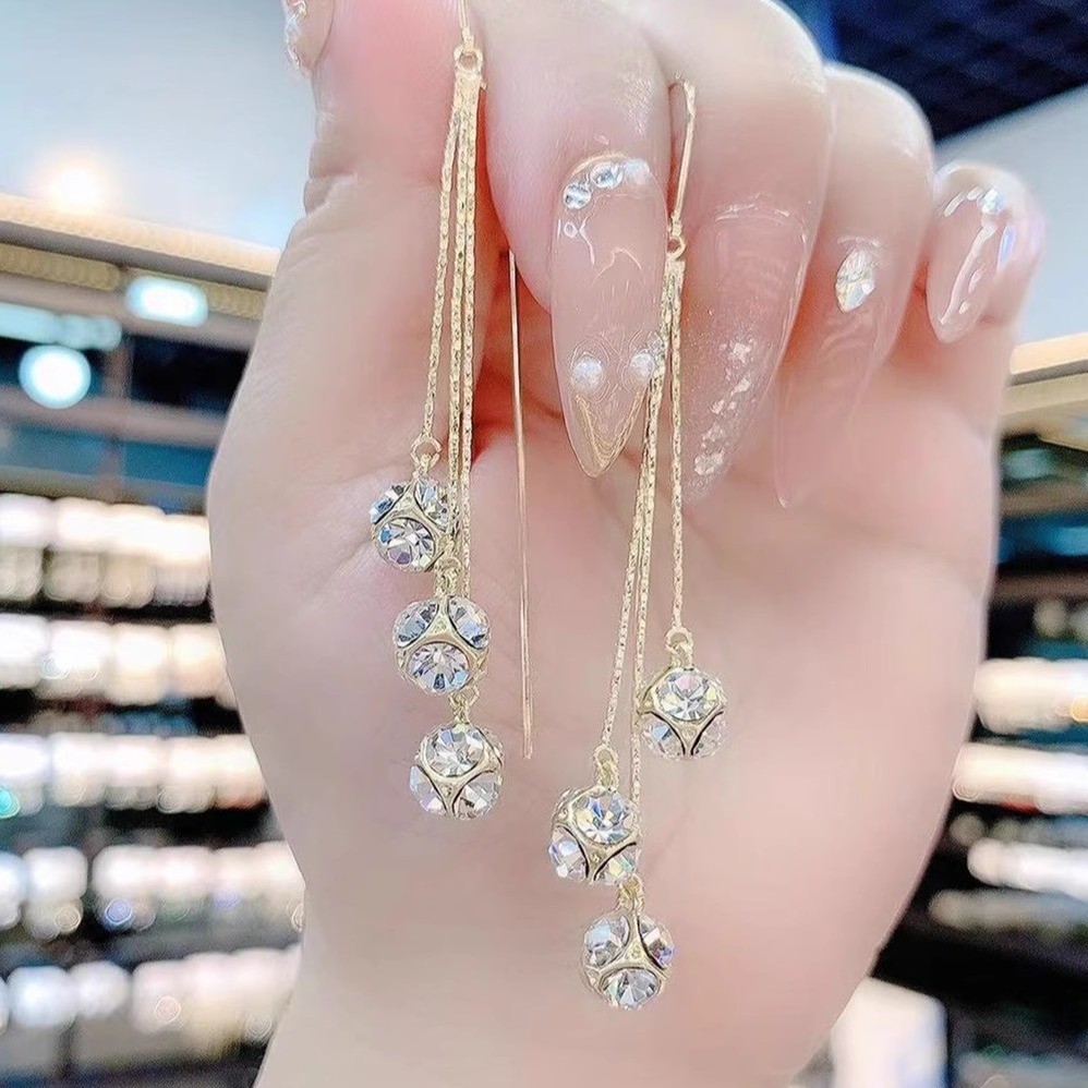 2024New Year925Silver needle design with colorful diamond ball ear thread, stylish, trendy, versatil