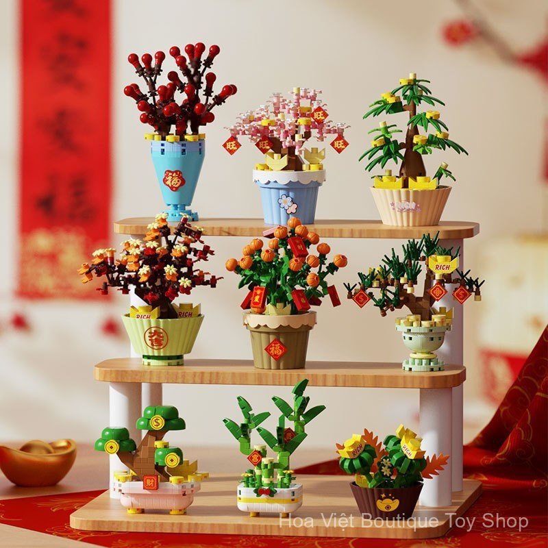 Tương thích với Lego Năm con ngựa Hoa tốt lành Lễ hội mùa xuân Nafu Đồ trang trí trong chậu Khối xây