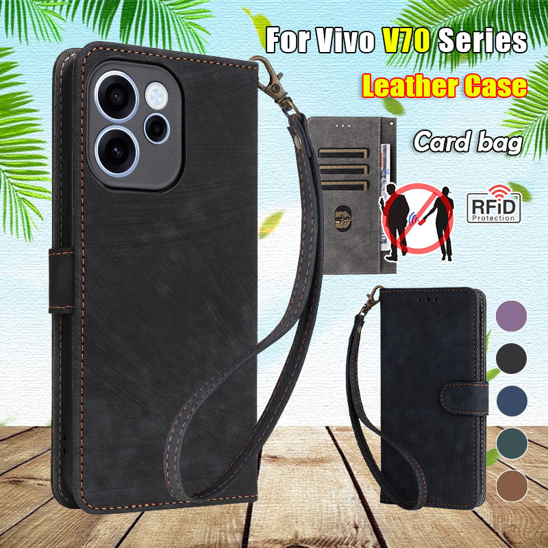 Vỏ Khe Cắm Thẻ Da Lật Cho Vivo V70 V60 VivoV70 V70Elite V 70 Elite V 60 5G Vỏ Điện Thoại Dây Chống S