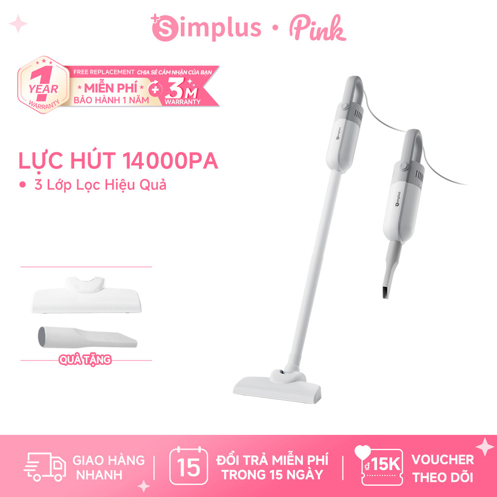 Simplus Pink Máy hút bụi cầm tay 14000Pa - Máy hút bụi có dây, lực hút mạnh XCQH002- Bảo Hành 1 Năm 1 Đổi 1
