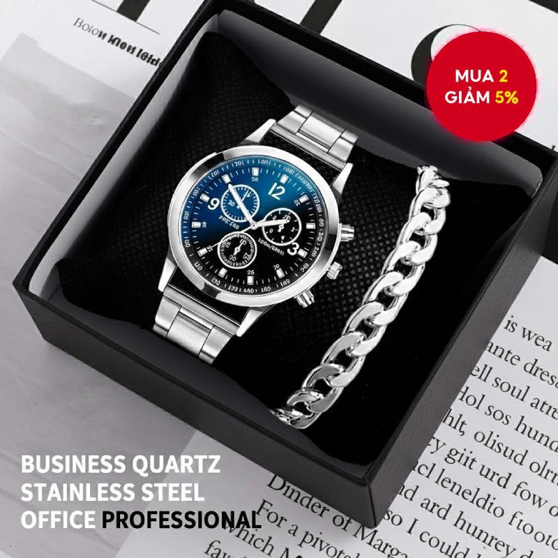 Đồng hồ thạch anh doanh nhân bằng thép không gỉ Nam văn phòng Chuyên gia Excl Box Đen trắng