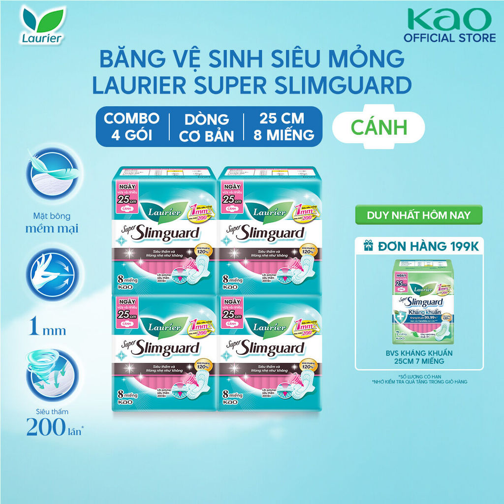 Combo 4 gói BVS Laurier siêu mỏng bảo vệ 1mm 25cm 8 miếng