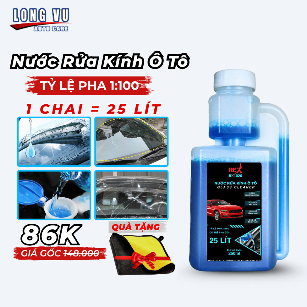 Nước Rửa Kính Ô Tô REX Glass Cleaner 250ml Rửa sạch bụi bẩn, Bảo dưỡng gạt mưa