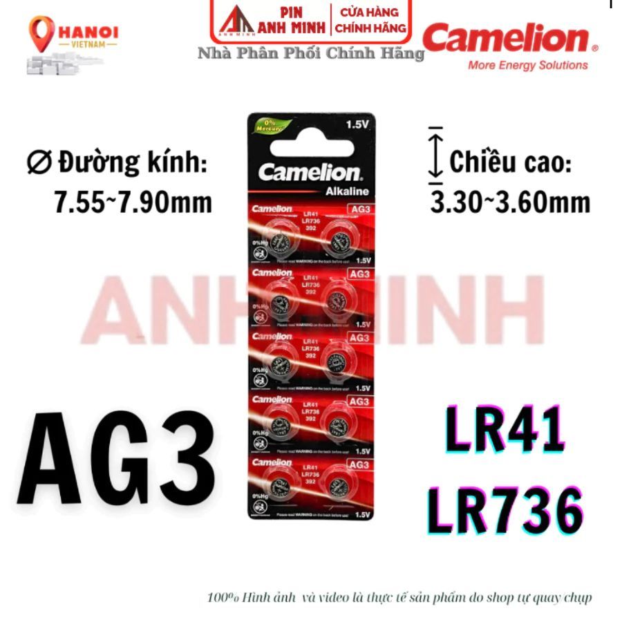 10Pin AG3 Camelion Alkaline 1.5V 392 LR41 LR736 Pin nút áo lắp đèn led, đồ chơi, đèn lazer, nhiệt kế