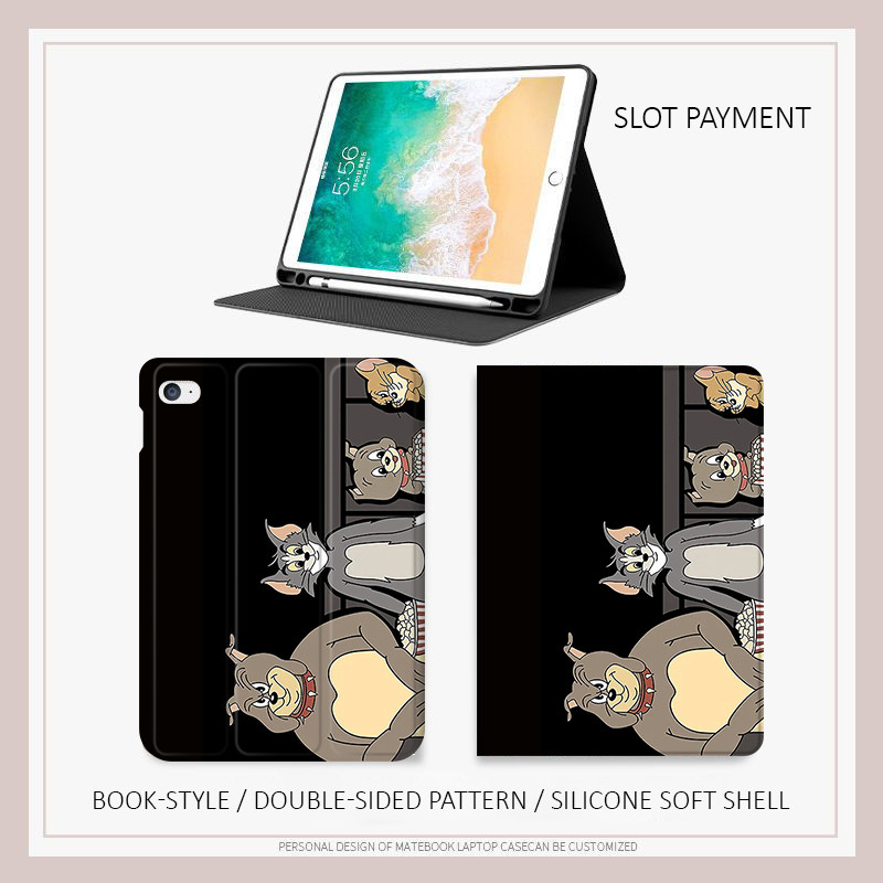 Bao da iPad Tom And Jerry black - Ốp lưng gấu ôm cho Air 4/5/6 M3, iPad Gen 11 A16, Pro 12.9 - Chống