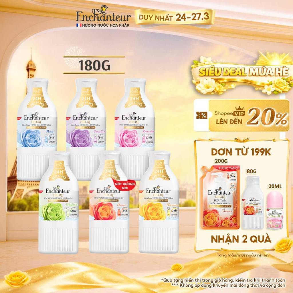 [CẢI TIẾN MỚI] Sữa tắm hương nước hoa dưỡng da thơm mịn Enchanteur 180g (5 mùi - Bao bì thay đổi tùy đợt nhập hàng)