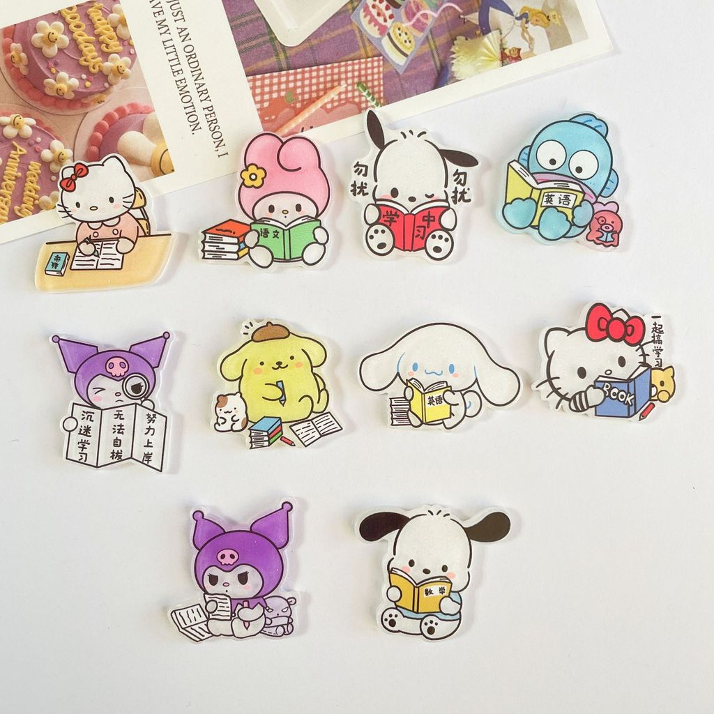 10Pcs New Acrylic Kawaii Cute Cartoon Anime  Reading creativity Sticker  Series Clip Book DIY Fashio